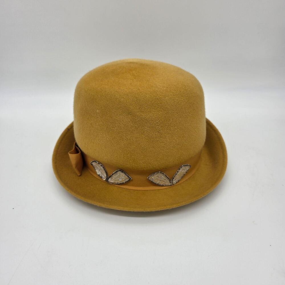 Hat Bowler Womens One Size Brown Wool Felt Bow Leaf Accent Ribbon Fall Winter